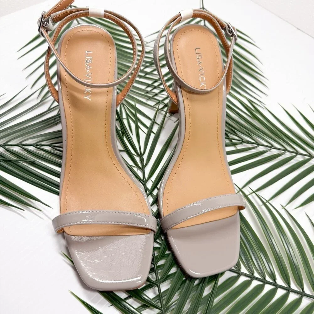 Lisa Vicky Grace Block Heel Sandals Nude Patent Sz 8.5 NWB Strappy Square Toe - Picture 2 of 12
